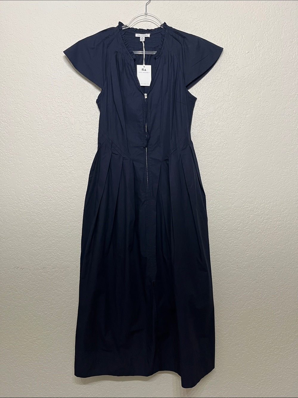 Free Assembly Women's Medium Navy Blue Zip-Front Maxi Dress with Flutter Sleeves
